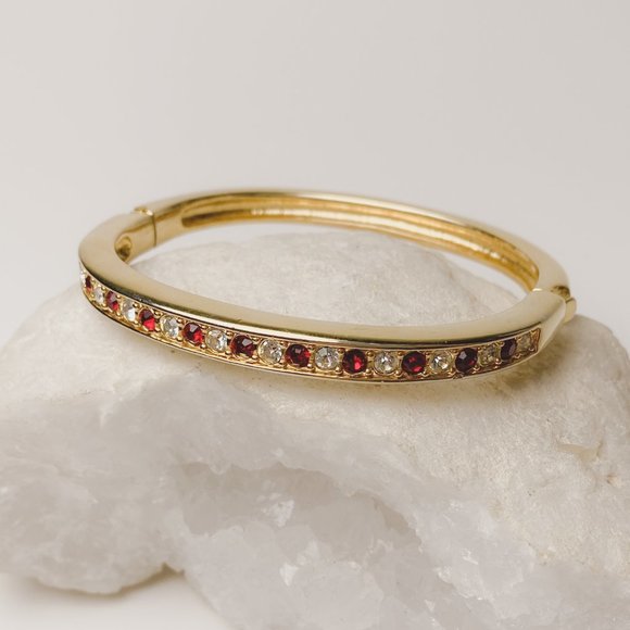 Jewelry - Red Clear Rhinestone Jewel Crystal Gold Tone Clamp Bangle Elegant Bracelet